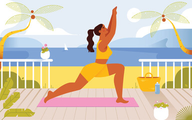 Obraz na płótnie Canvas Young beautiful woman doing yoga exercise for wellbeing on the terrace with sea view. Physical activity on the nature. Flat vector illustration
