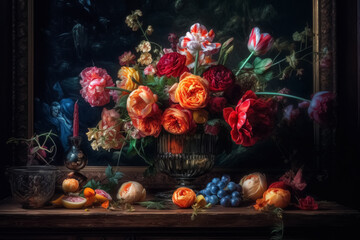 Obraz na płótnie Canvas Magnificent fantasy stylized beautiful still life with bouquet of different flowers