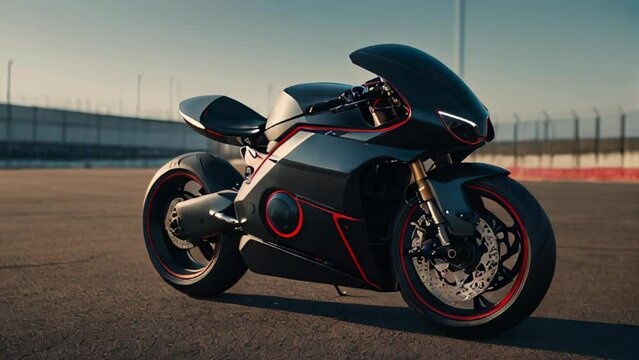 A black super sports motorcycle with red accents is parked on a road.