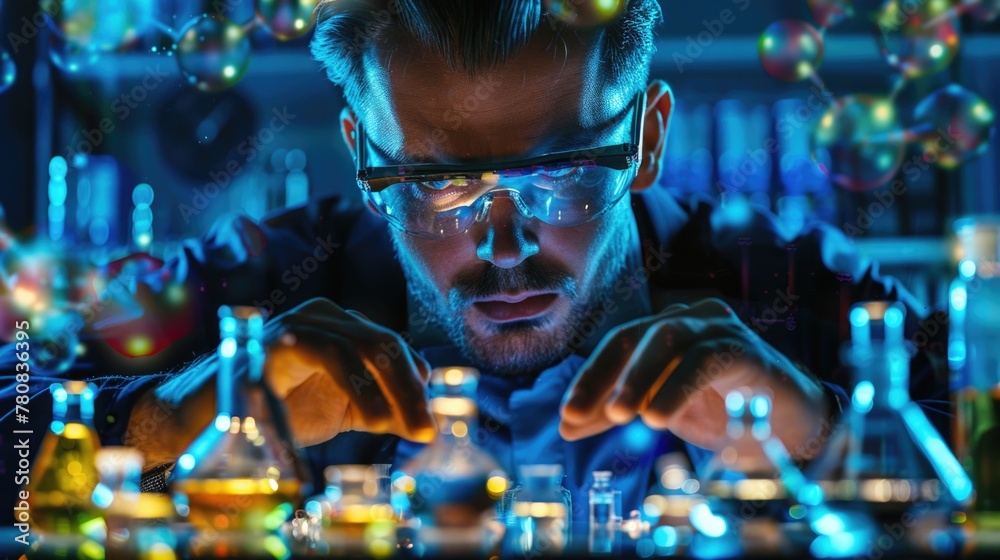Poster a man in a lab coat and glasses conducting a science experiment. suitable for educational and scient