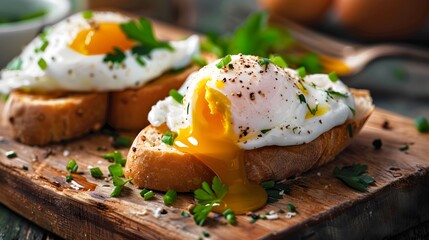 a macro photo of two bread toasts with poached eggs with seasoning and herbs, egg yolk melting and dripping