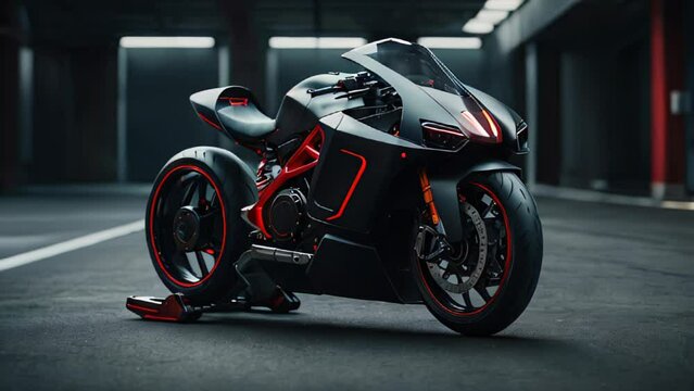 A black motorcycle with red accents is parked in a garage