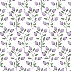 Seamless floral pattern with violet flowers and leaves on a white background
