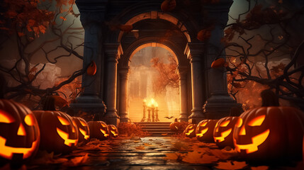Jack O Lanterns pumpkins and candles glowing at spooky mysterious castle - obrazy, fototapety, plakaty