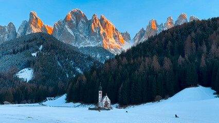 Winter landscape Dolomites Alps Santa Maddalena village Val di Funes valley South Tyrol Italy. - 780837146