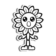 Black line Retro Cartoon Sunflower is Worried. on white silhouette and gray shadow. Doodle Style Vector illustration for decorate, coloring and any design.