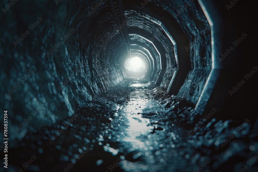 Poster A dark tunnel with a light at the end. Suitable for concepts of hope and overcoming challenges