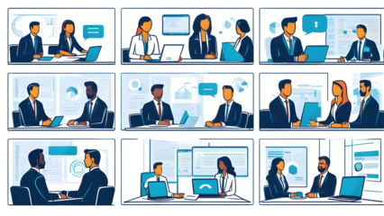 Set of thin line icons depicting business meetings, video conferencing, and team communication on transparent background