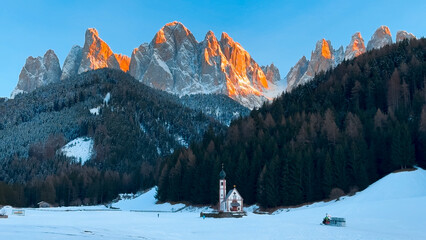 Winter landscape Dolomites Alps Santa Maddalena village Val di Funes valley South Tyrol Italy. - 780837344