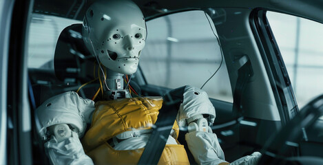 A humanoid sitting in a car holding a cell phone. Suitable for technology and transportation concepts