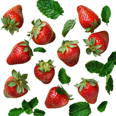 Red strawberries and green mint leaves on a transparent background