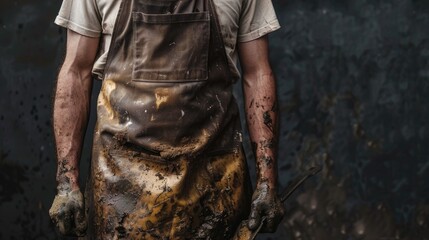 A man holding scissors in a dirty apron, suitable for barber or tailor concepts