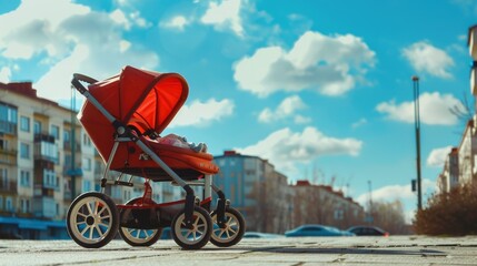 A red stroller left on the side of a road, suitable for family and travel concepts