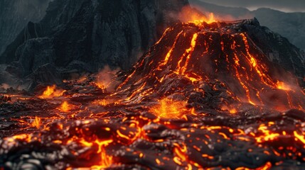 A striking image of a mountain covered in lava with another mountain in the background. Suitable for geological and natural disaster concepts