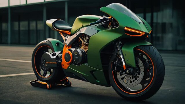 A green sports motorcycle with orange details is parked on the street.