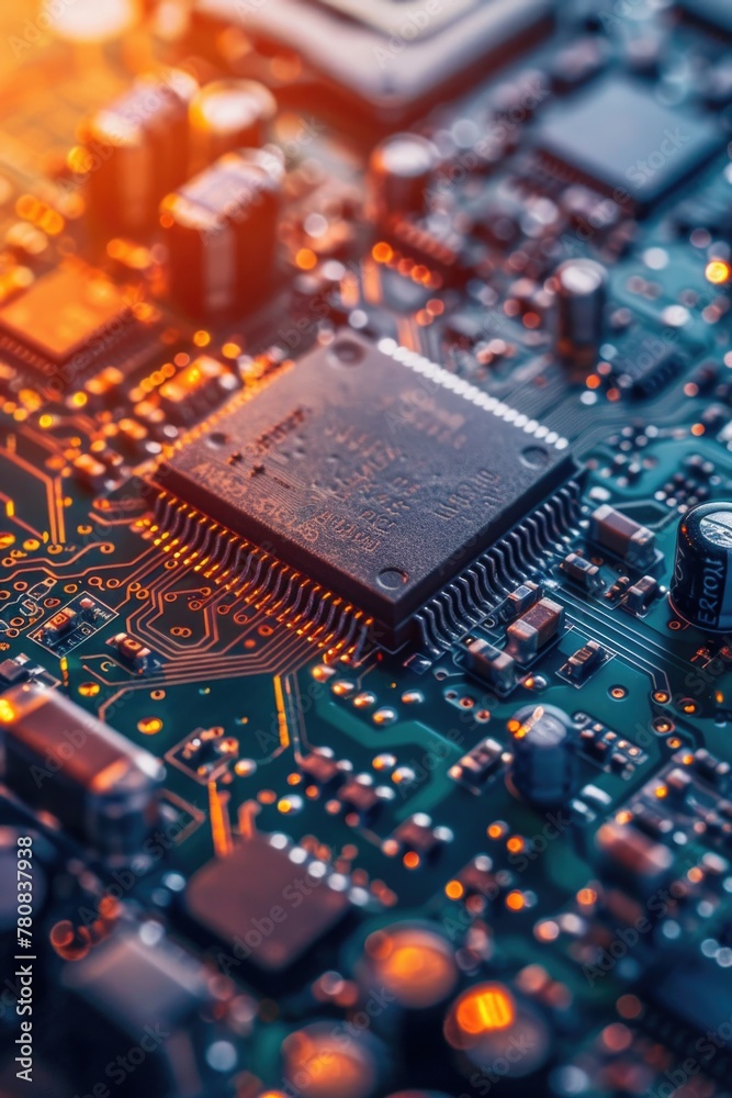 Poster Detailed view of a computer motherboard. Suitable for technology concepts