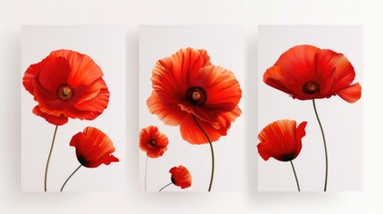 Three vibrant red flowers on a clean white background. Perfect for floral designs