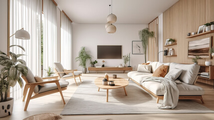 Fototapeta premium Bright and airy contemporary living room with minimalist style