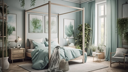 Bedroom interior with a four-poster bed and a calming palette - obrazy, fototapety, plakaty