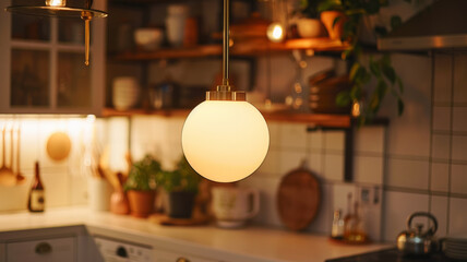 Hanging pendant light in a kitchen.