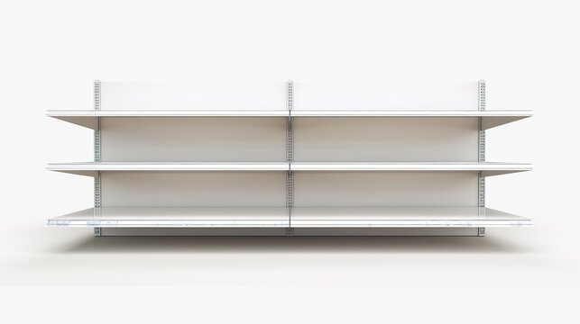 front facing, Photorealistic style image of a empty supermarket shelf facing the viewer, transperant png of grocery empty store shelf, clean display