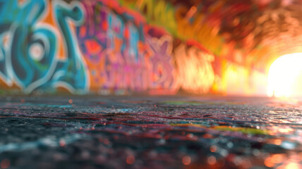 A graffiti-covered tunnel with sunlight.