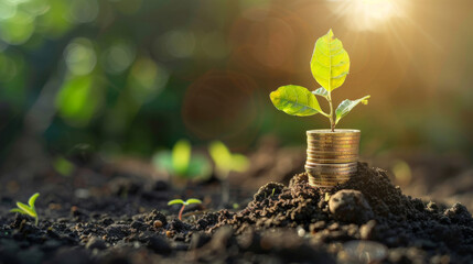 Investment and profit growth concept, coins in stacks with plants - obrazy, fototapety, plakaty