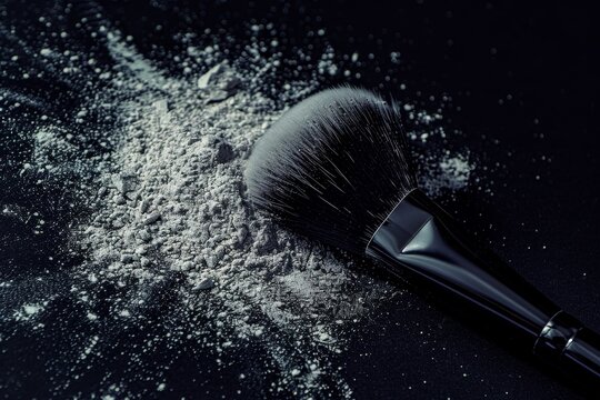 Make up brush with powder on black background