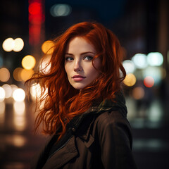 Beautiful woman with curvy red hair portrait on the night city street