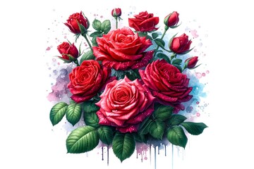 Vibrant Red Roses with Artistic Watercolor Splashes
