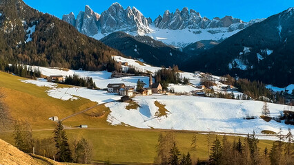 Spring landscape Dolomites Alps Santa Maddalena village Val di Funes valley South Tyrol Italy - 780838959