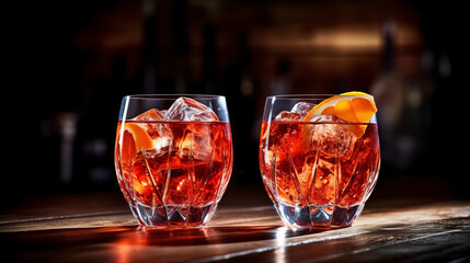 Two Alcoholic Cocktail Gin and Tonic, Negroni. On a black wooden background