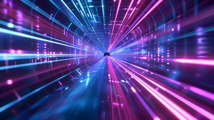 Fototapeta na wymiar Abstract neon lights into digital technology tunnel. Futuristic technology abstract background with lines for network, big data, data center, server, internet, speed. 3D render