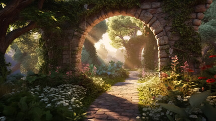 Archway in an enchanted fairy garden landscape