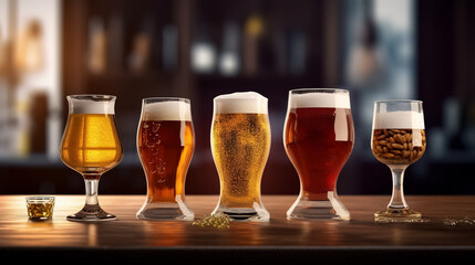 Glasses of beer on a table in bar background - obrazy, fototapety, plakaty
