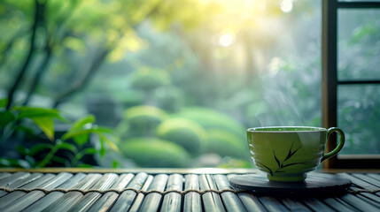 Hot green tea in a cup on bamboo table at zen garden in the early morning