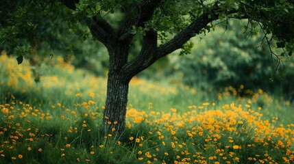 Fototapeta premium Green tree and yellow flowers