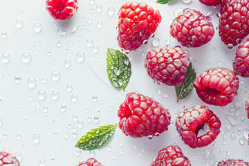 Overhead Shot of Raspberries with visible Water Drops. Close up.