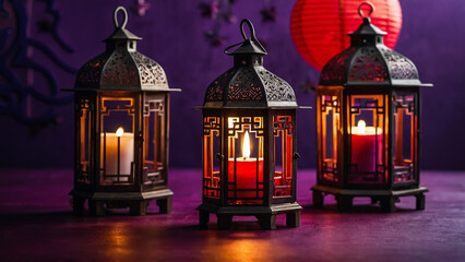 Fototapeta premium The Muslim feast of the holy month of Ramadan Kareem. Beautiful background with a shining lantern Fanus. Free space for your text.