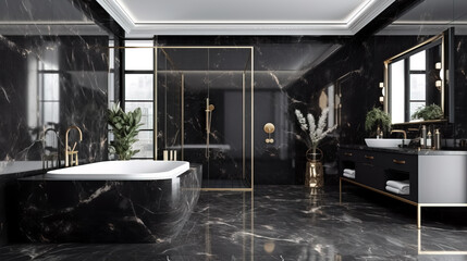 Beautiful Luxury bathroom with black marble floor - obrazy, fototapety, plakaty