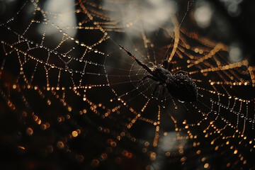 black house spider on its web with dew drops on a sunset background