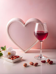 Fototapeta na wymiar Romantic greeting card with a glass of red wine, a big pink heart, and a flower. Valentine's Day, anniversary, jubilee, Wedding, and other significant events.