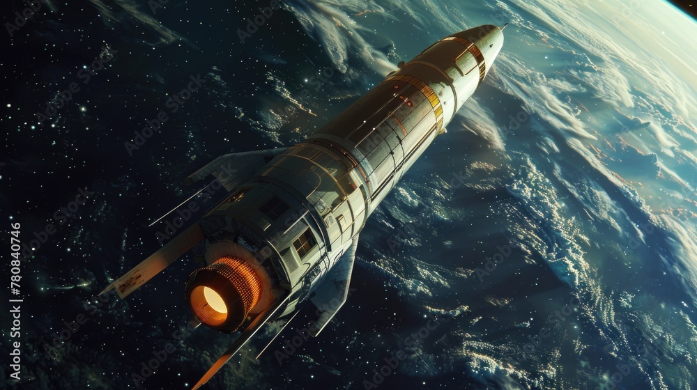Poster A space shuttle soaring above the planet, ideal for science and technology concepts
