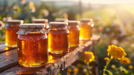 Glass jars of honey on a wooden surface outdoors