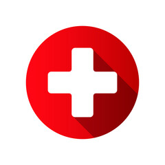 Pharmacy icon flat style. Medical sign in red circle with shadow. Vector illustration isolated on white background