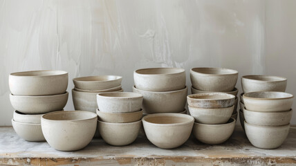 Fototapeta na wymiar Ceramic bowls stacked on a shelf