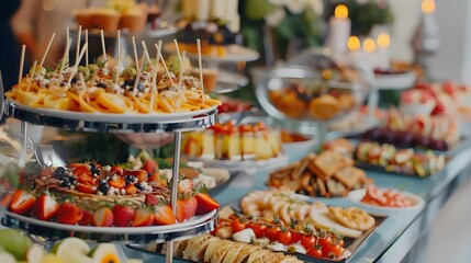 Amazing catering food, banquet table with different delicious foods on luxury celebration or wedding