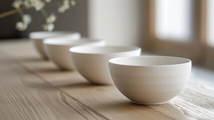 Three white bowls on wooden table