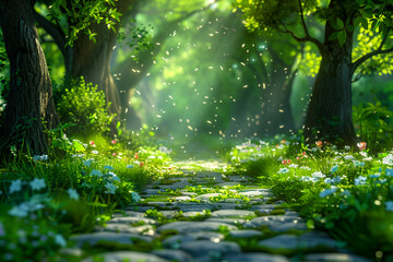 Fototapeta na wymiar In a cartoon depiction, a cobblestone path embarks on a journey through a forest full of character, each tree and ray of light animated with joy.
