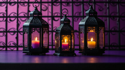 Ramadan Kareem with bright shining lantern and burning candles around it. The Muslim feast of the holy month of Ramadan Kareem on a night background.